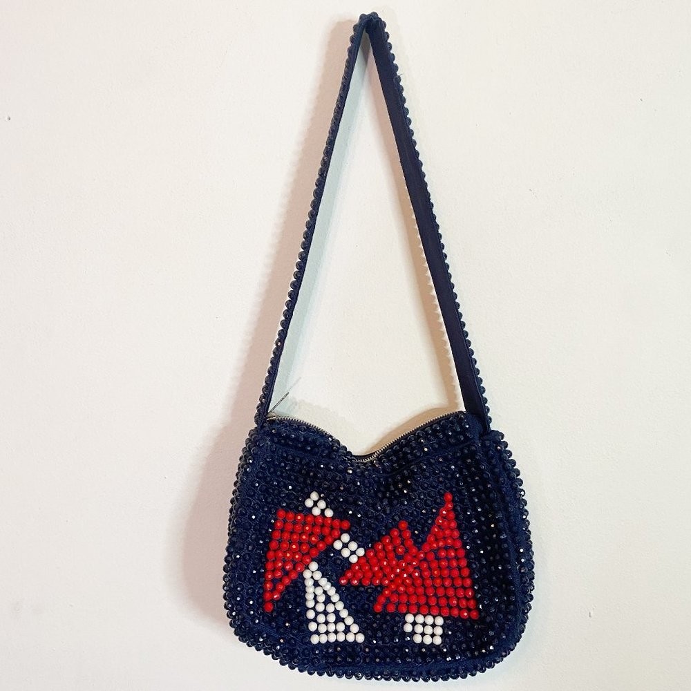 Vintage Roger Van S Blue & Red Beaded Gemoetric Shoulder Purse - Picture 1 of 7